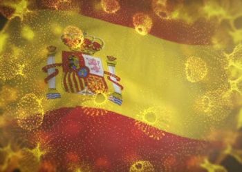 Spain Flag With Corona Virus Bacteria