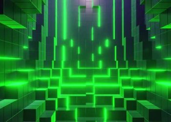 Graphic Cubes In Motion With Green Neon Phosphorescent Lights
