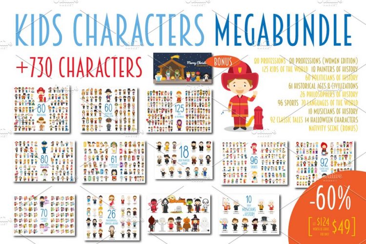 CreativeMarket MEGABUNDLE Kids Characters Sets 2381388