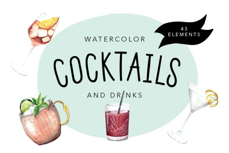 CreativeMarket Watercolor Cocktails and Drinks Set