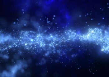 VideoHive Abstract blue glowing flying waves of energy particles futuristic high tech background 43420095