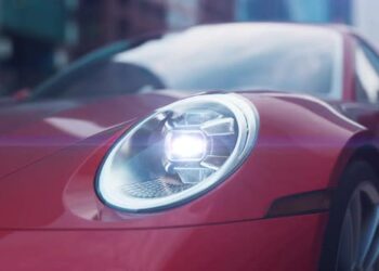 VideoHive Close-up of the Red Car front in an urban environment with Dolly Zoom and scanning effect 43405411