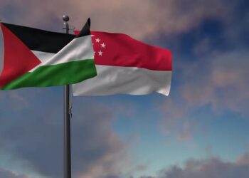 VideoHive Singapore Flag Waving Along With The Palestine Flag - 4K 43407590