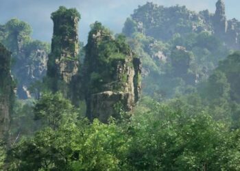VideoHive A Dense Forest with Towering Rocks and Majestic Trees 47592754
