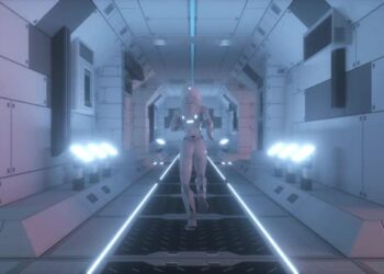 VideoHive Astronaut Runs Through a Spaceship Tunnel Spaceship and Technology Concept 47467568
