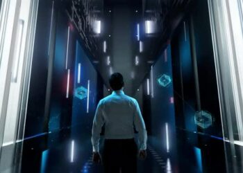VideoHive Digital Disruption Man in Futuristic Office Interior Moving and Activating Hologram 47613183