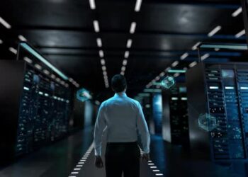 VideoHive Influencer Marketing IT Administrator Activating Modern Data Center Server with Hologram 47581415