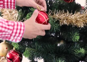 VideoHive Woman Hand Hangs Red Christmas Toy on Christmas Tree Closeup 47152427