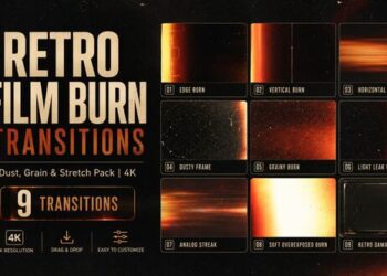 VideoHive Retro Film Burn Transitions — Dust, Grain & Stretch Pack | 4K Apple Motion 64247763